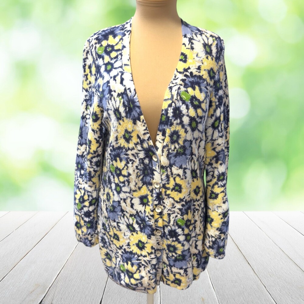 J JILL Longline Cardigan Sweater Floral V Neck Cottagecore Blue Yellow Sz M